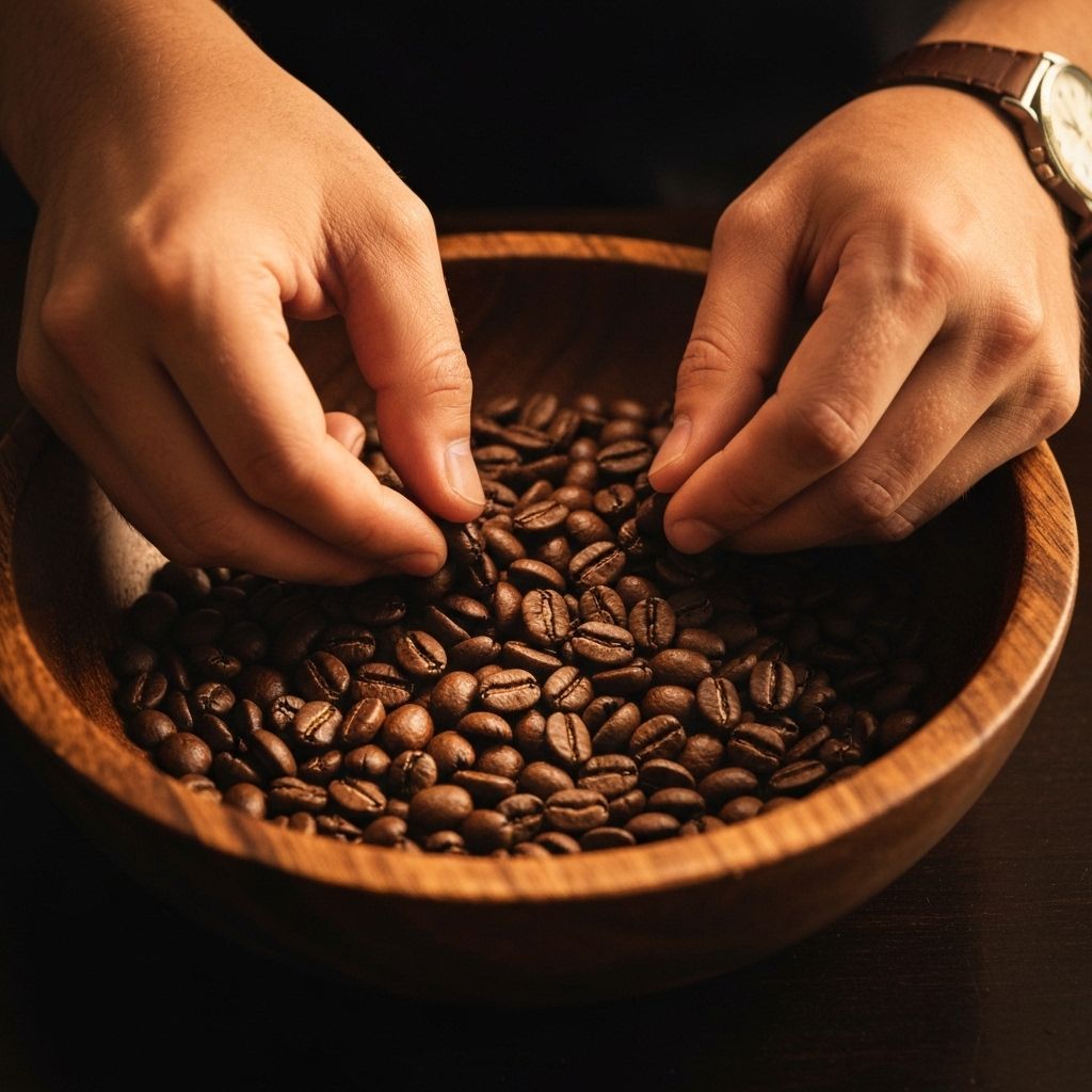 Hands selecting premium coffee beans