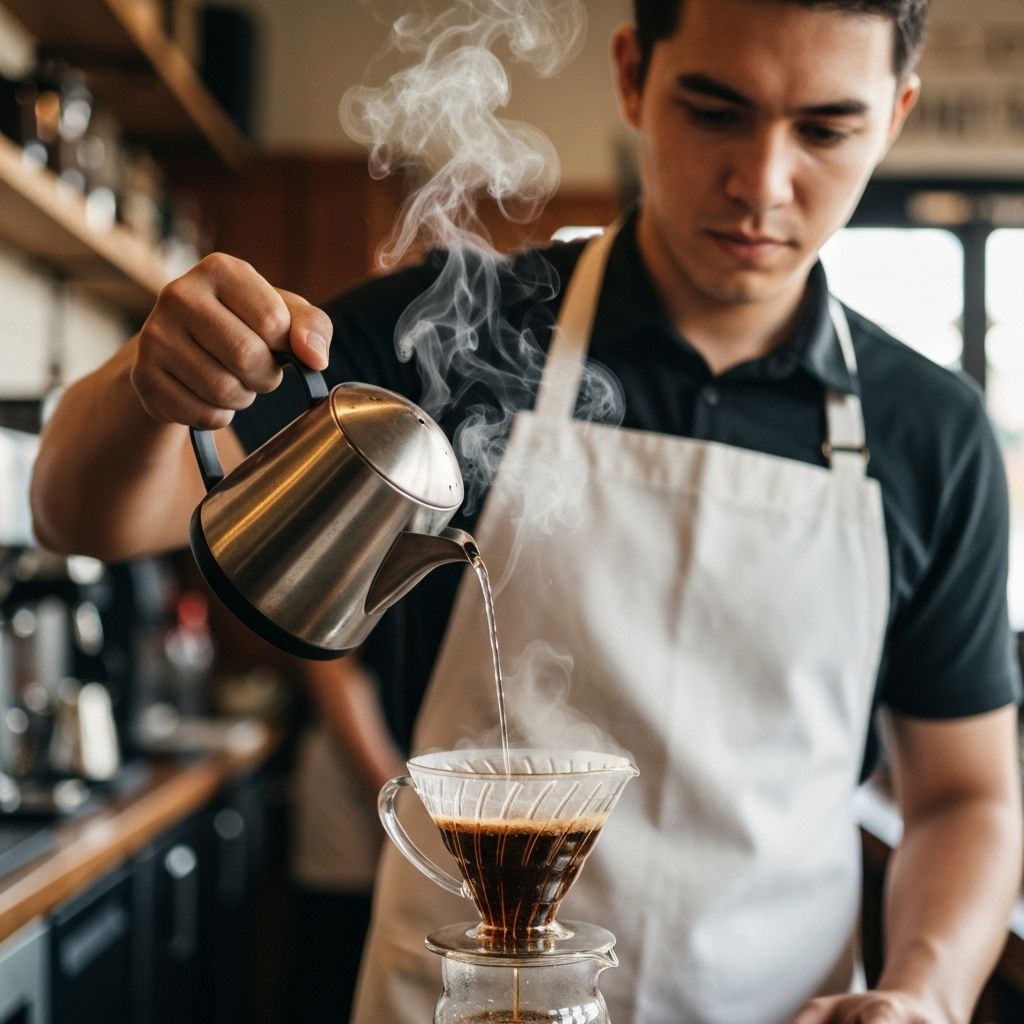 Barista carefully brewing coffee with pour-over method