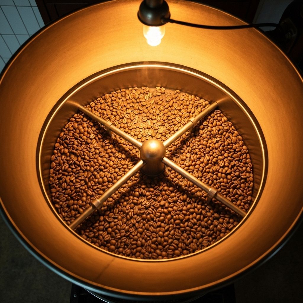 Coffee beans being roasted in traditional drum roaster